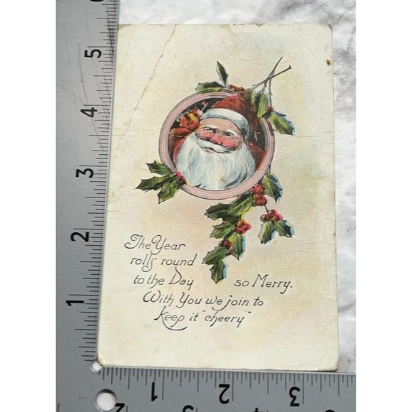 Vintage Christmas Postcard Santa Claus in Holly Frame Keep it Cheery - Picture 3 of 7